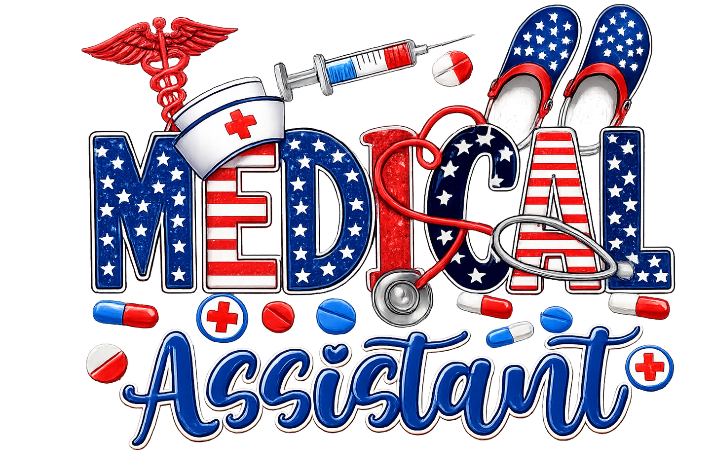 RED WHITE AND BLUE MDEICAL ASSISTANT