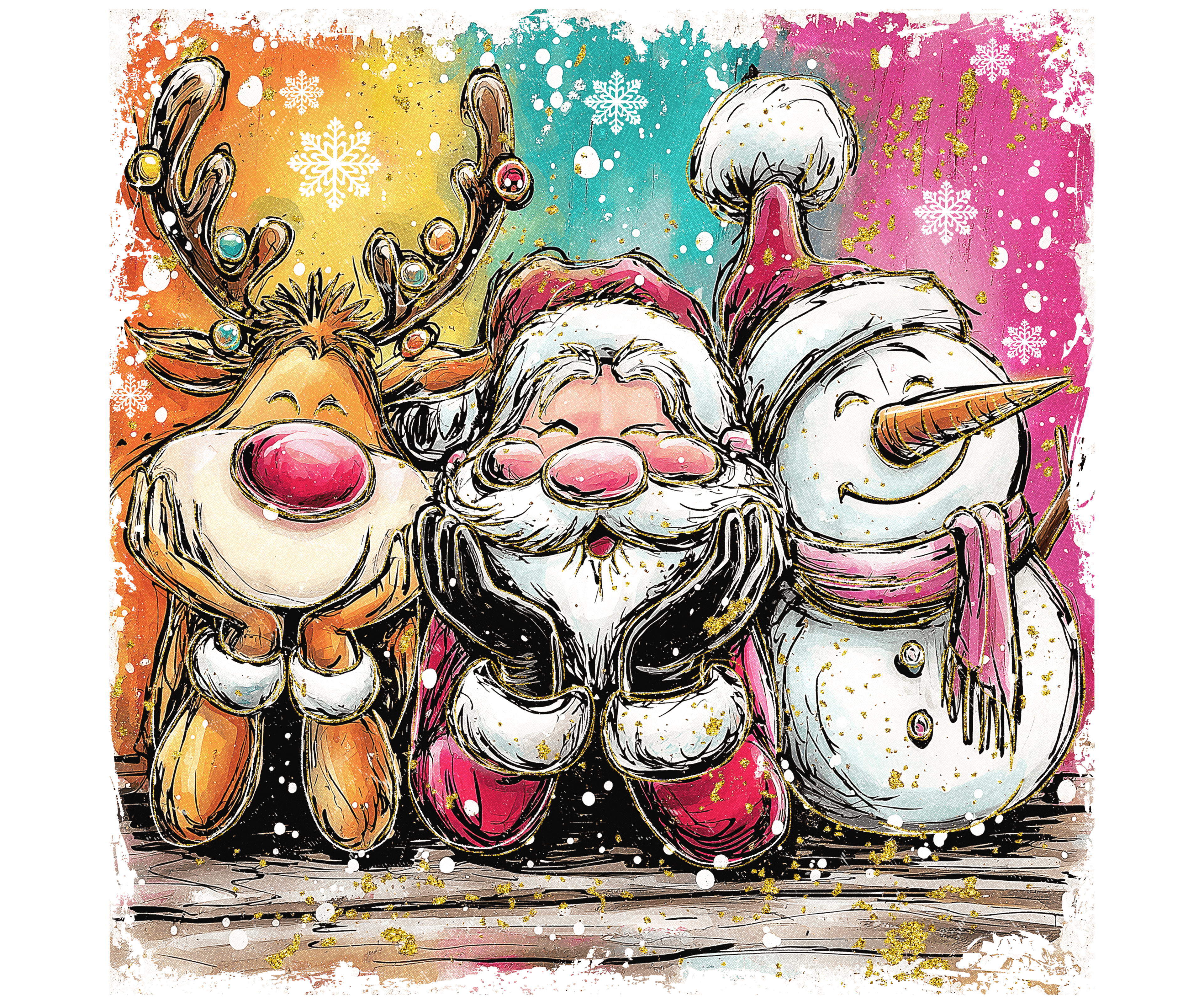 CHEERFUL SANTA SNOWMAN AND REINDEER