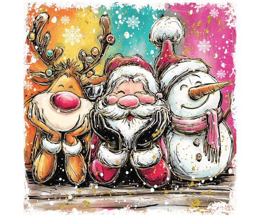 CHEERFUL SANTA SNOWMAN AND REINDEER