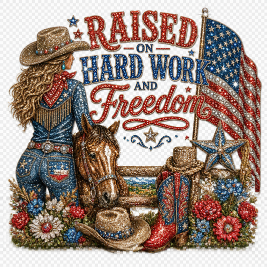 RAISED ON HARD WORK AND FREEDOM WITH RHINESTONES