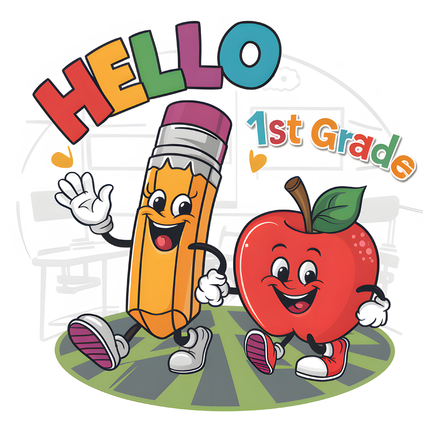 HELLO FIRST GRADE PENCIL AND APPLE