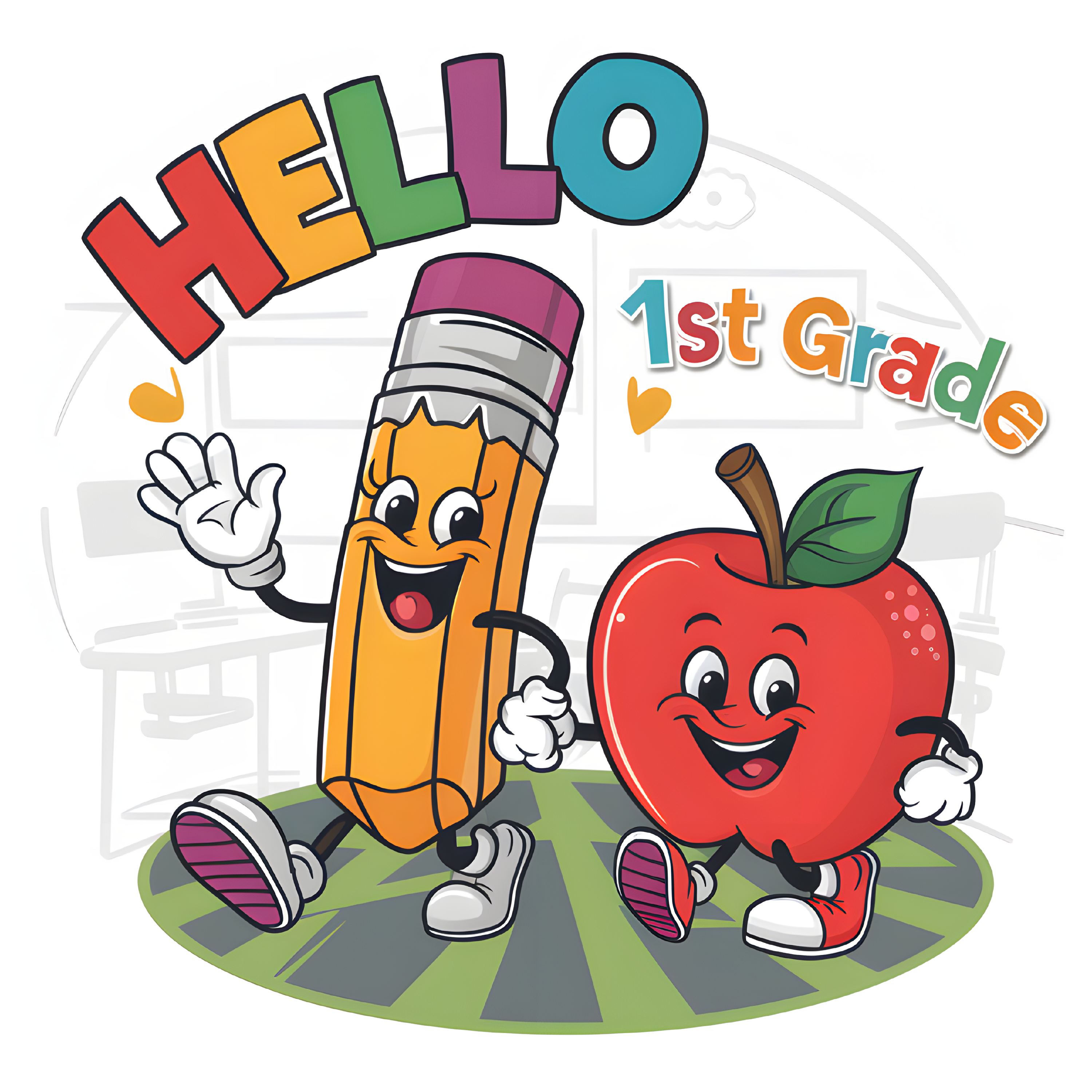 HELLO FIRST GRADE PENCIL AND APPLE