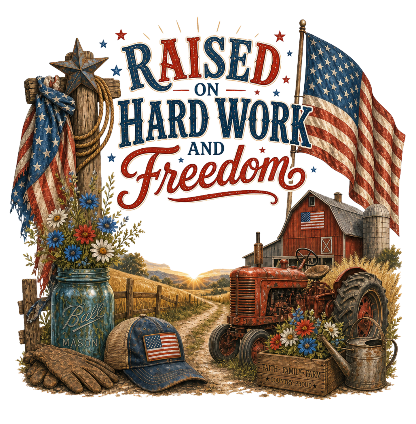 RAISED ON HARD WORK AND FREEDOM WITH CROSS